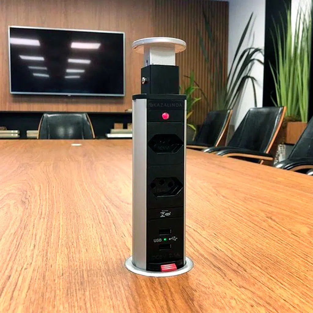 Torre Multiplug Retrátil KZI - 2 Tomadas + 2 USB - Embutir - Design Oculto