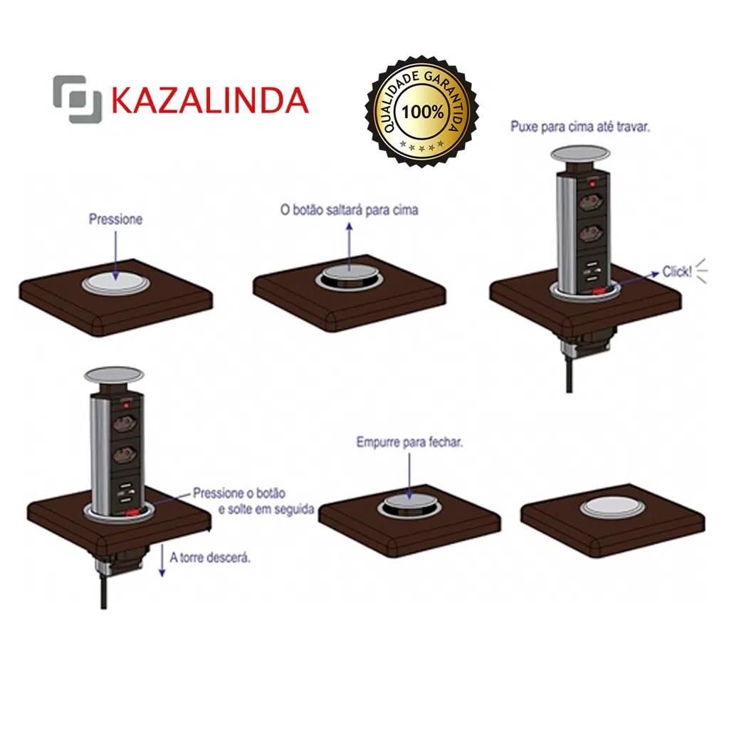 Torre Multiplug Retrátil KZI - 2 Tomadas + 2 USB - Embutir - Design Oculto