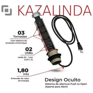 Torre Multiplug Retrátil KZI - 3 Tomadas + 2 USB - Design Oculto