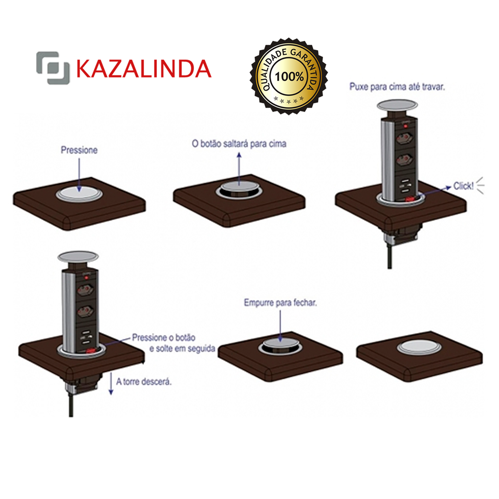 Torre Multiplug Retrátil de Embutir com 2 Tomadas + 2 USB Kazalinda