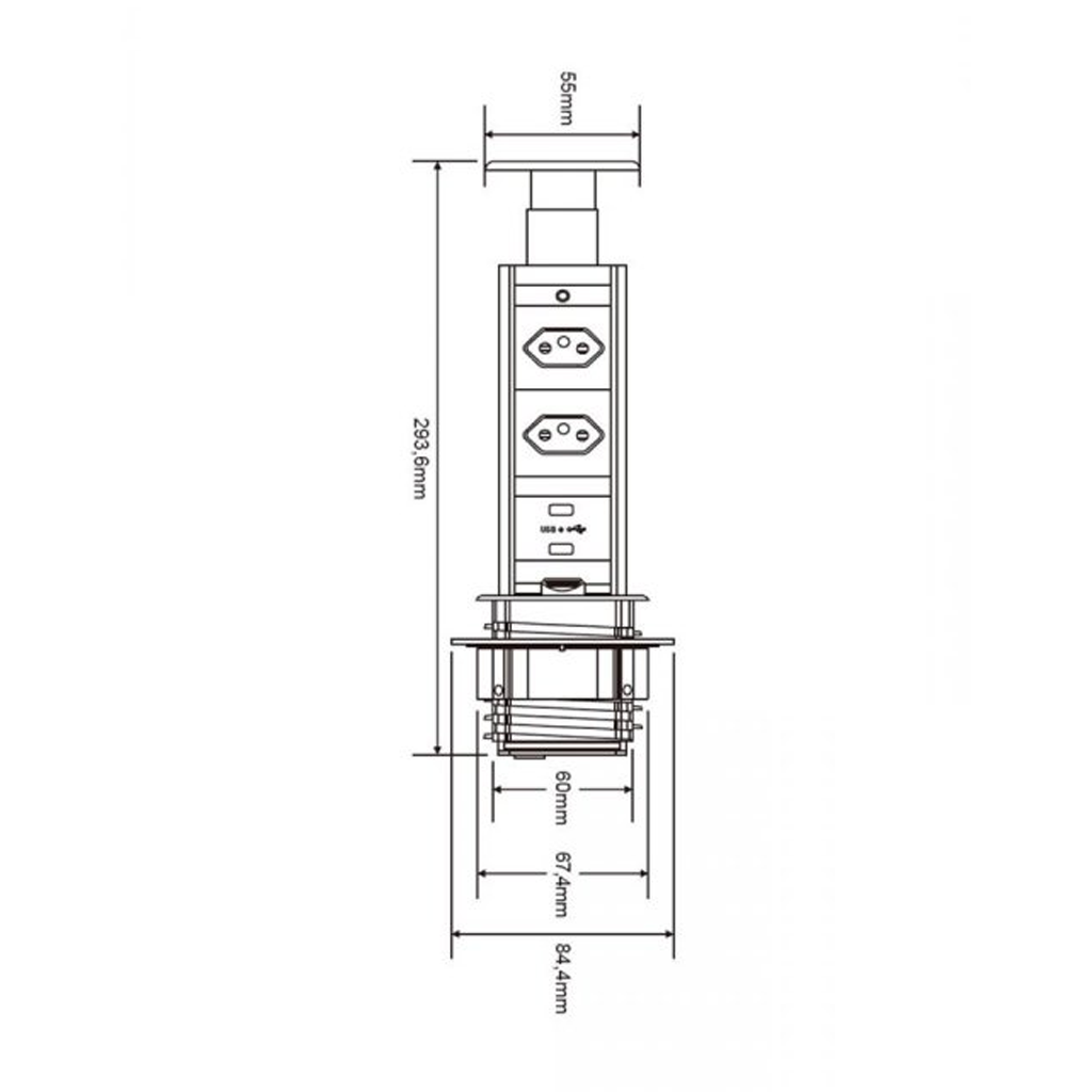Torre Multiplug Retrátil de Embutir com 2 Tomadas + 2 USB Kazalinda