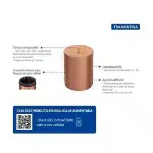 Lixeira Tramontina Útil em Aço Inox Scotch Brite com revestimento especial a base de verniz Rose Gold 5 L - Imagem 4