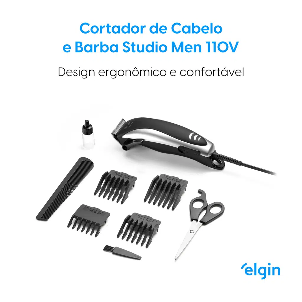 Máquina de Cortar Cabelo e Barba Elgin Studio Men - Inox, 8 Acessórios, 110V