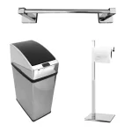 Kit Banheiro Essencial Kazalinda: Toalheiro 30cm, Lixeira Automática 6L e Papeleira Inox