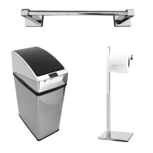 Kit Banheiro Essencial Kazalinda: Toalheiro 30cm, Lixeira Automática 6L e Papeleira Inox