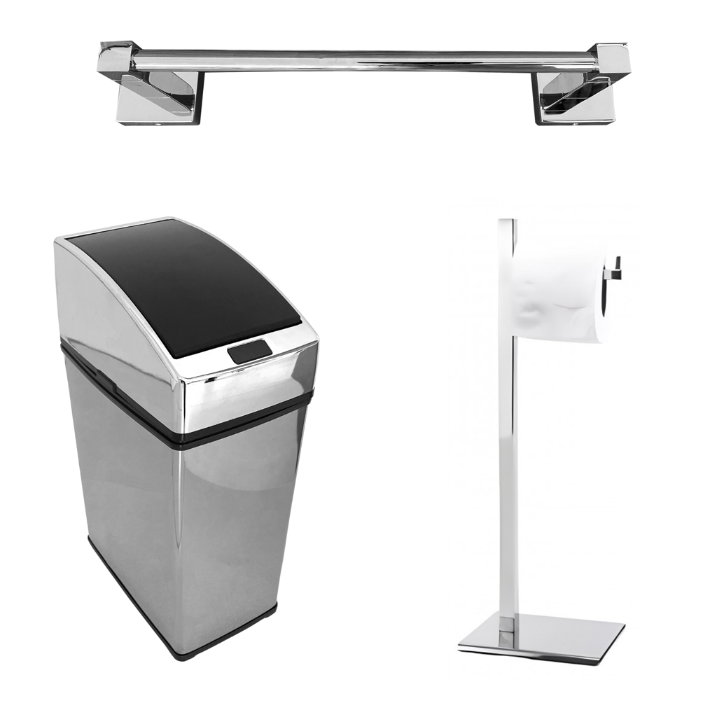 Kit Banheiro Essencial Kazalinda: Toalheiro 30cm, Lixeira Automática 6L e Papeleira Inox
