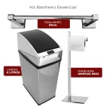 Kit Banheiro Essencial Kazalinda: Toalheiro 30cm, Lixeira Automática 6L e Papeleira Inox