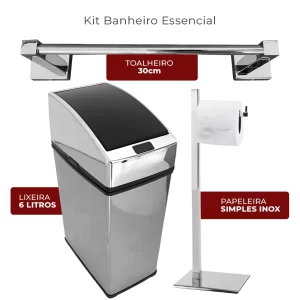 Kit Banheiro Essencial Kazalinda: Toalheiro 30cm, Lixeira Automática 6L e Papeleira Inox