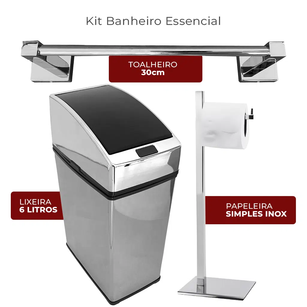Kit Banheiro Essencial Kazalinda: Toalheiro 30cm, Lixeira Automática 6L e Papeleira Inox