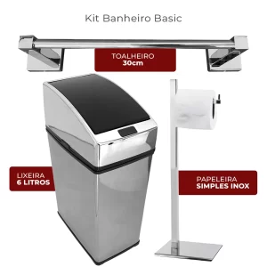 Kit Banheiro Inox Basic Kazalinda: Toalheiro, Lixeira Automática 3L e Papeleira