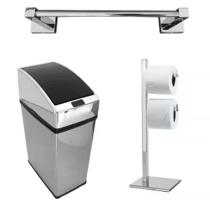 Kit Banheiro Premium Kazalinda: Toalheiro 30cm, Lixeira 6L Automática e Papeleira Dupla Inox