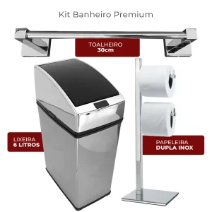 Kit Banheiro Premium Kazalinda: Toalheiro 30cm, Lixeira 6L Automática e Papeleira Dupla Inox