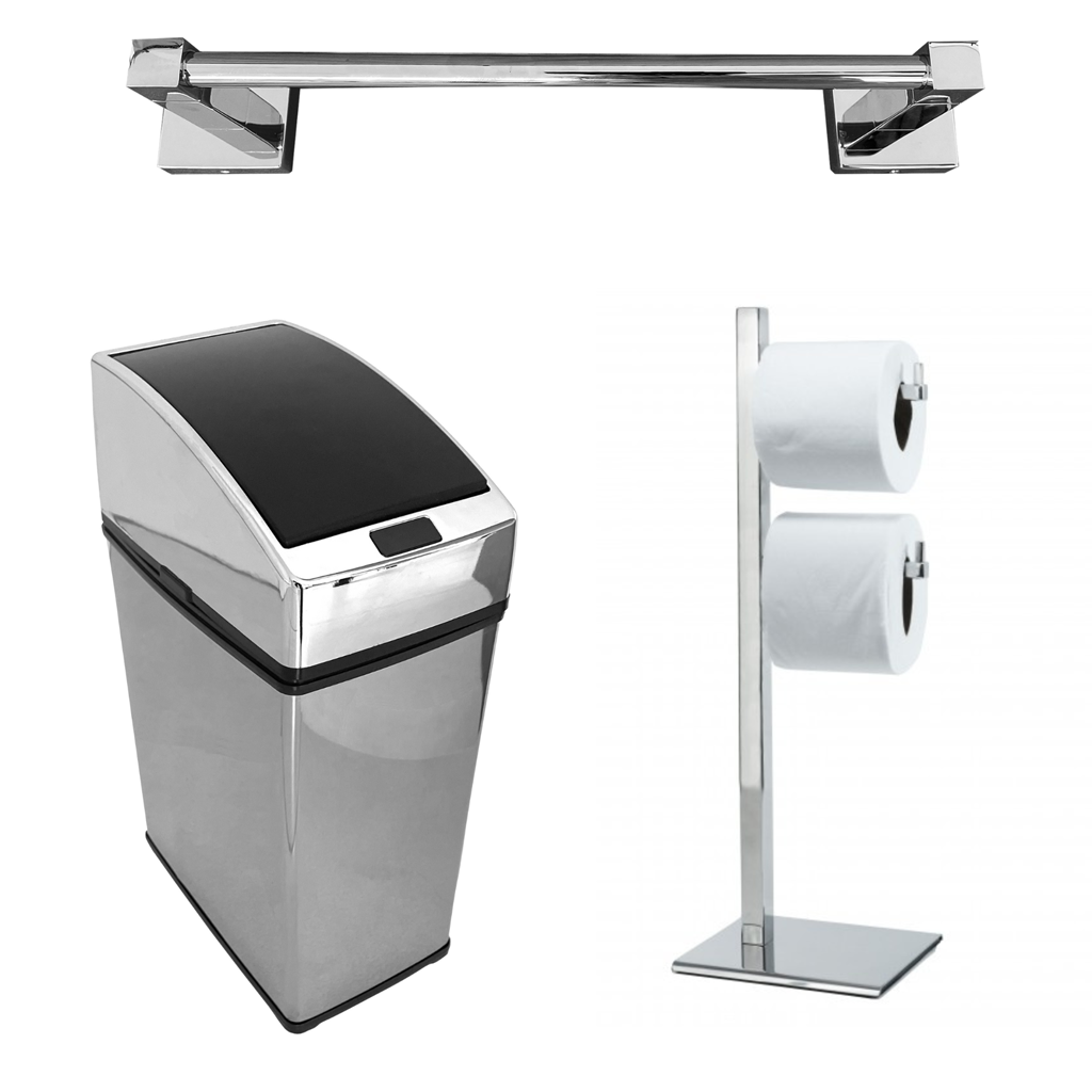 Kit Banheiro Premium Kazalinda: Toalheiro 30cm, Lixeira 6L Automática e Papeleira Dupla Inox