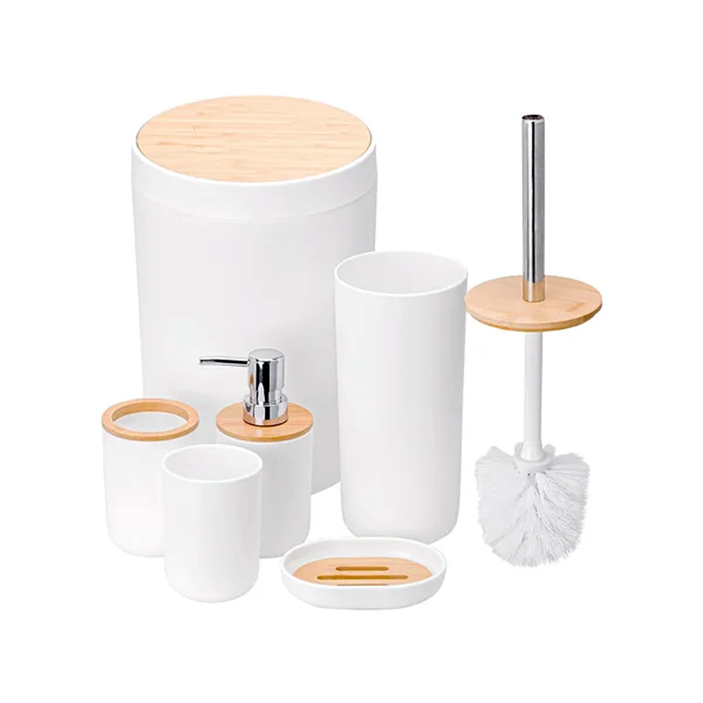 Kit Banheiro Luxo Kazalinda: Toalheiro Térmico Inox Polido Bivolt + Kit Banheiro 6 peças em Bambu