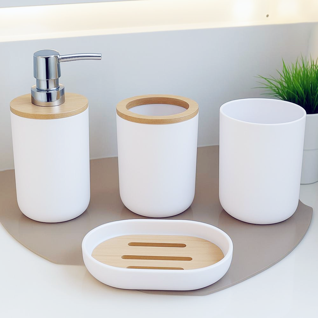 Kit Banheiro Luxo Kazalinda: Toalheiro Térmico Inox Polido Bivolt + Kit Banheiro 6 peças em Bambu