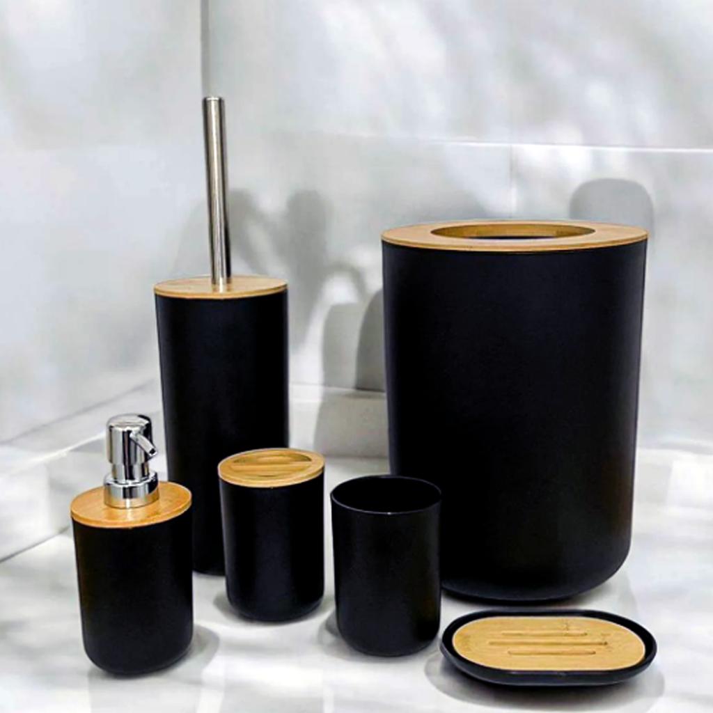 Kit Banheiro Luxo Kazalinda: Toalheiro Térmico Inox Polido Bivolt + Kit Banheiro 6 peças em Bambu