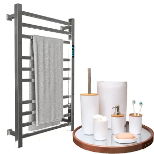 Kit Banheiro Luxo Kazalinda: Toalheiro Térmico Inox Polido Bivolt + Kit Banheiro 6 peças em Bambu