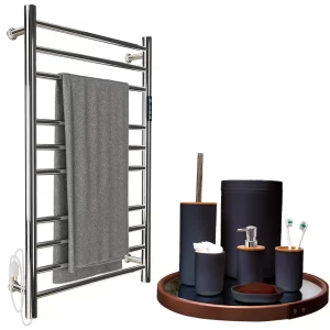 Kit Banheiro Luxo Kazalinda: Toalheiro Térmico Inox Polido Bivolt + Kit Banheiro 6 peças em Bambu