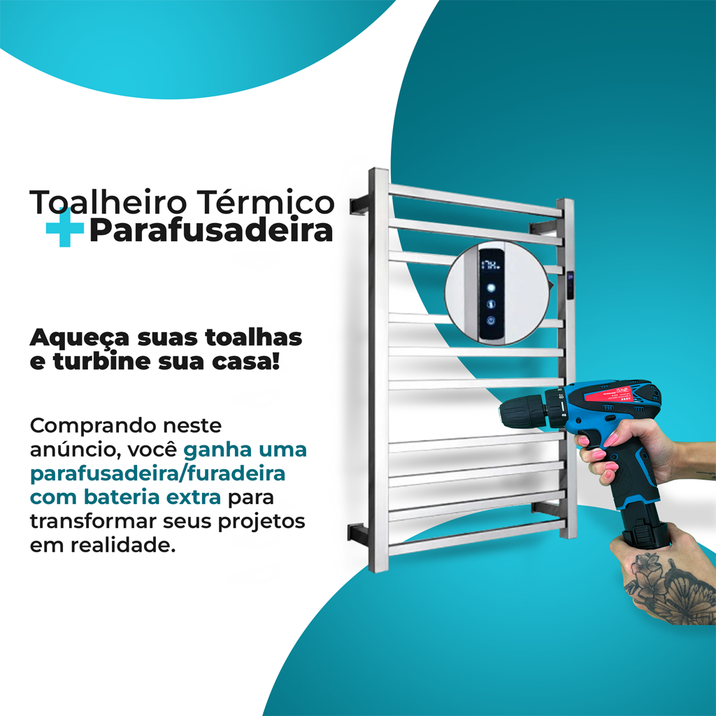 Kit Toalheiro Térmico Quadrado Inox Polido Fio Lado Direito + Parafusadeira Completa