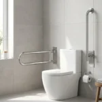 Barra de apoio articulada inox 60cm Edmetal +Segura instalada ao lado do vaso em banheiro acessível