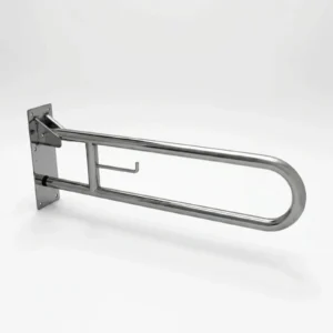 Barra de apoio articulada inox com porta-papel 60cm em perspectiva 3-4