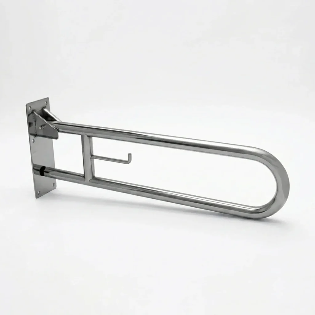 Barra de apoio articulada inox com porta-papel 60cm para banheiro em fundo branco