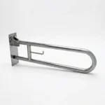 Barra de apoio articulada inox com porta-papel 60cm para banheiro em fundo branco