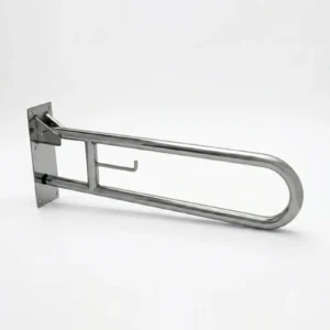 Barra de apoio articulada inox com porta-papel 60cm para banheiro em fundo branco
