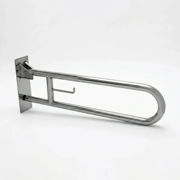 Barra de apoio articulada inox com porta-papel 60cm para banheiro em fundo branco