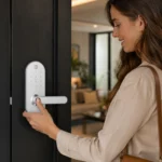 Cliente feliz usando fechadura digital Yale YMC 420W branca com Zigbee