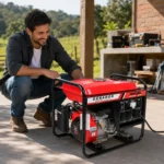 Cliente feliz usando gerador Motomil MG-3000CL em área externa segura