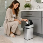 Cliente feliz usando lixeira automática com sensor inox 6 litros quadrada Kazalinda