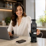 Cliente feliz usando torre de tomada retrátil Multiplug preta em bancada moderna