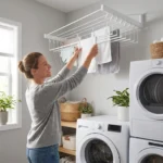 Cliente feliz usando varal de parede individual 10 varetas branco 80cm Kazalinda