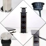 Close das tomadas e acabamento inox escovado da torre Multiplug retrátil KZI closes