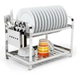 Escorredor inox Dinox com pratos e copo destacando sua capacidade de organização