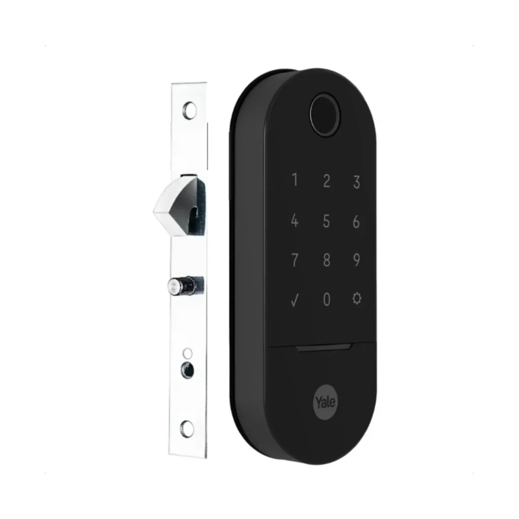 Fechadura digital Yale Lia BP preta fosca para porta de correr em fundo branco