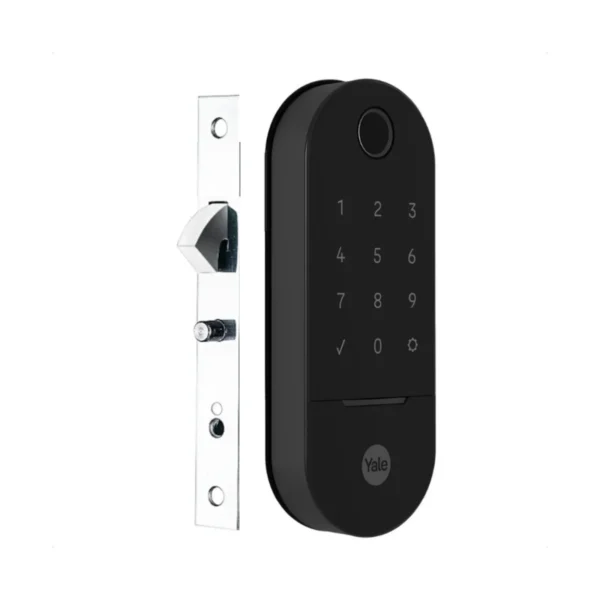 Fechadura digital Yale Lia BP preta fosca para porta de correr em fundo branco