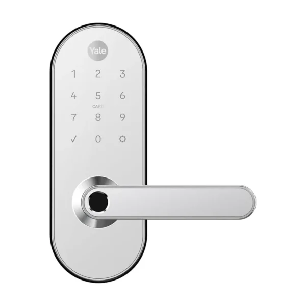 Fechadura digital Yale YMC 420W branca com Zigbee em fundo branco