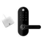 Fechadura digital Yale YMC 420W preto fosco com Hub Yale Connect em fundo branco