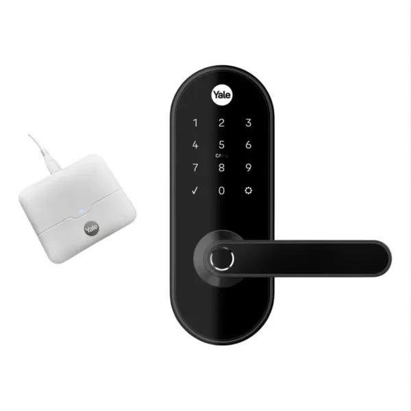 Fechadura digital Yale YMC 420W preto fosco com Hub Yale Connect em fundo branco