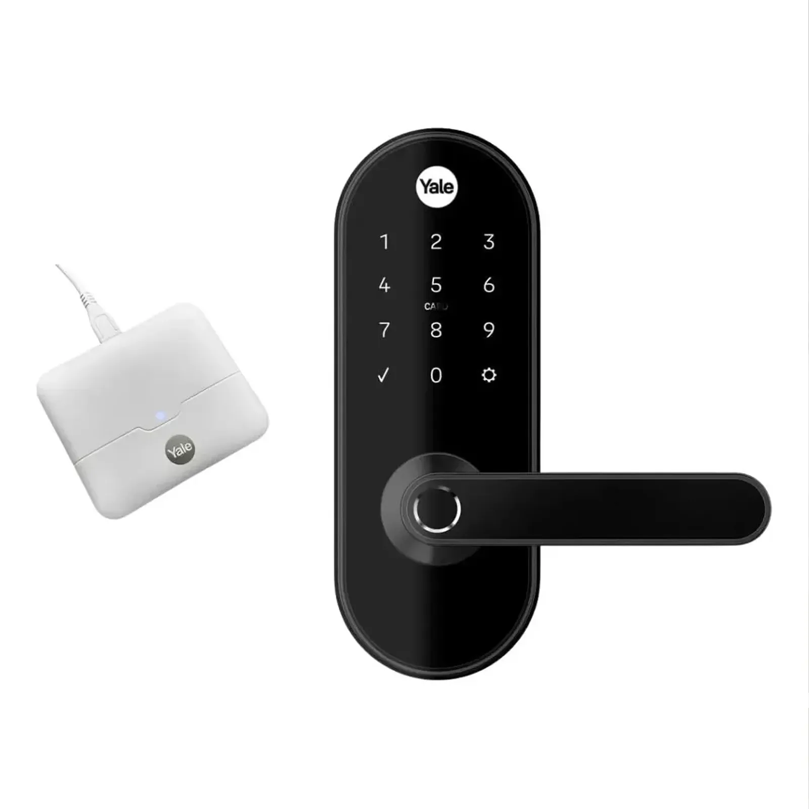Fechadura digital Yale YMC 420W preto fosco com Hub Yale Connect em fundo branco Fechadura digital Yale YMC 420W preto fosco com Hub Yale Connect em fundo branco