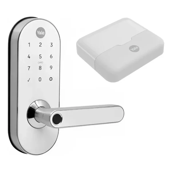 Fechadura digital Yale YMC420W com Hub Yale Connect em fundo branco
