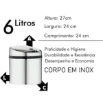Lixeira automática premium com sensor em inox 6 litros Kazalinda em fundo branco com informações