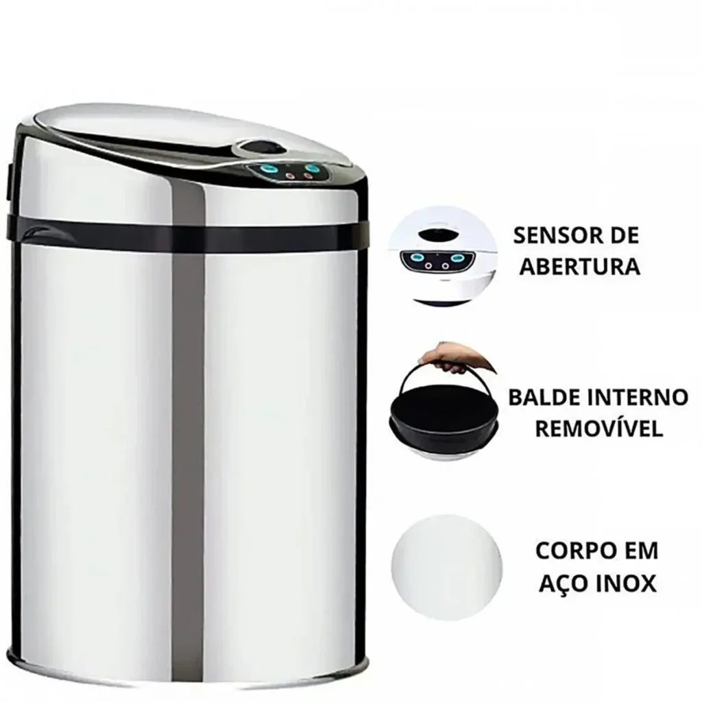 Lixeira automática premium com sensor em inox 9 litros Kazalinda em fundo branco tópicos