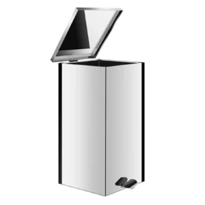 Lixeira quadrada em aço inox com pedal 30 litros Ecobin com tampa aberta em fundo branco