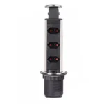 Torre Multiplug retrátil com 3 tomadas em inox escovado KZI em fundo branco