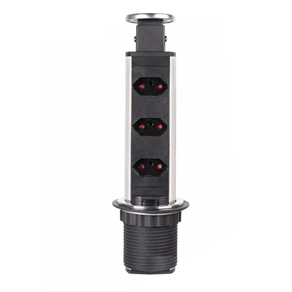 Torre Multiplug retrátil com 3 tomadas em inox escovado KZI em fundo branco