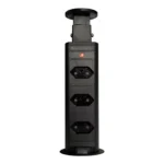 Torre de tomada retrátil Multiplug preta para embutir em mesa ou granito em fundo branco