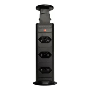 Torre de tomada retrátil Multiplug preta para embutir em mesa ou granito em fundo branco